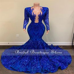 Royal Blue Sparkly Sequins Mermaid Prom Dress 2022 For Black Girls Aso Ebi Party Dress African Evening Gowns Formal Robe De Bal 04246f