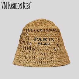 VM FASHION KISS 2023 Luxury Design Women Plaited Raffia Straw Fisherman's Hat Casual Hollow Summer Beach Vacation Bucket Hat