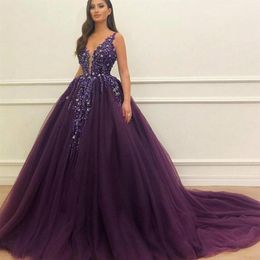 2022 Sexy Purple Beaded Ball Gown Quinceanera Dresses Appliques Sequins Deep V Neck Tulle Evening Party Dresses Prom Gown BC109682291