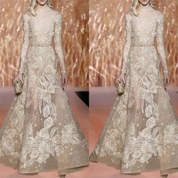 Elie Saab 2018 Prom Dresses Champagne Sheer Bateau Long Sleeves Formal Dress Evening Wear Illusion Floo -Length Party Gowns With S260M