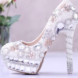 Gorgeous White Pearl and Rhinestone Wedding Bridal Shoes Crystal High Heel Shoes Cinderella Ball Pumps Big Size White and Ivory Co184V