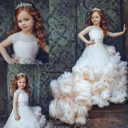 Toddler Girls' Pageant Dresses with Beaded Sash Long Sweep Ruffles Princess Party Gowns Capped Sleeves Birthday Flower Girls&242t