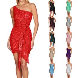 Casual Dresses Women's Solid Sleeveless One Shoulder Bandage Sequin Dress