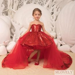 Cute Sparkle Sequins Girls Pageant Dresses Removable Tulle Train Hi Lo Kids Christmas Birthday Party Dress with Bows 3 -10 Years279l