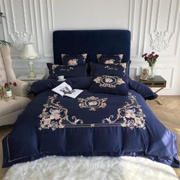 Royal Blue Elegant Embroidery 60S Satin Washed Silk Bedding Set Cotton Duvet Cover Bed Linen Fitted Sheet Pillowcases Bedclothes b2168