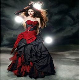 Vestidos de Noiva Gótico Vermelho e Preto 2019 Sweetheart Laço Renda Drapeado Tafetá Vestidos de Noiva Vintage vestido de noiva Custom W102 281Q