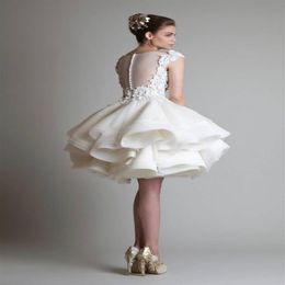 krikor jabotian New Cheap Short Wedding Dresses Jewel Neck Cap Sleeves Illusion Lace 3D Appliques Ball Gown Tiered Ruffles Bridal 292K