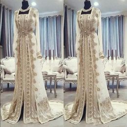 Moroccan Caftan Kaftan Evening Dresses Dubai Abaya Arabic Long Sleeves Amazing Gold Embroidery Square-Neck Occasion Prom Formal Go272V
