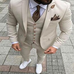 New Beige Men Suits Slim Fit Wedding Groom Tuxedos 3 Pieces Jacket Pants Vest Bridegroom Suits Man Blazer249Z