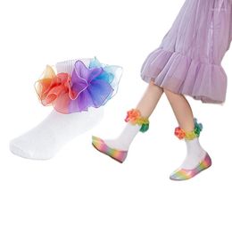 Women Socks 2-pack Girl Frilly Ankle Rainbow Glossy Organza Layered Dress Turn Cuff Ruffle Lace Trim Festival Party
