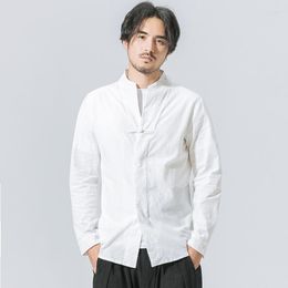 Men's Casual Shirts Men Linen Long Sleeve Chinese Style Mandarin Collar Traditional Tang Suit Social Business Shirt TS-318