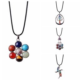 4 Colour New Arrival Flower Of Life Pendant 7 Chakra Stone Yoga Symbol Reiki Health Amulet Natural Stone Necklace Pendant2498