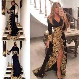 Black V Neck Long Sleeves Evening Dresses 2021 New Arrival Golden Appliques Holiday Wear Formal Party Prom Gowns Plus Size269g