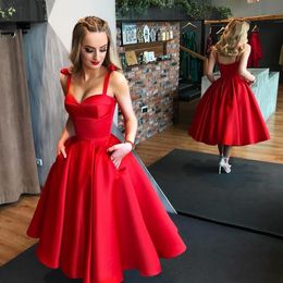 2020 Little Red Tea Length Short Cocktail Dresses A Line Satin Spaghetti Straps Open Back Short Prom Gowns Red Carpet Celebrity Dr3126