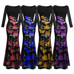 Angel-fashions Women's Long Sleeve Rose Pattern Sequin Black Formal Dress Evening Dresses Party Prom Gown 396316b