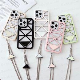 Vogue Triangle Designer Mobile Phone Case for iPhone 15 14 13 12 11 Pro Max Leather Hollowed Metallic Letter Cover Summer Cooling Chain Shoulder Strap