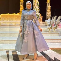 Classy Muslim Beaded 2022 Evening Dresses High Neck Appliqued Long Sleeves Prom Gowns A Line Tea Length Sequined Organza Formal Dr244Y