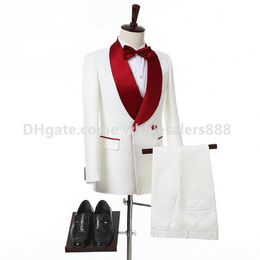 Selling Groomsmen White Pattern Groom Tuxedos Shawl Red Lapel Men Suits Side Vent Wedding Prom Man Jacket Pants Tie K275j