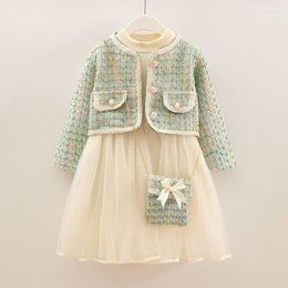 Girl Dresses Kids Baby Winter Clothes Girls Coats Long Sleeves Dress Outfits Children's Elegant Tweed Sets With Pearls Bags 4-8Year