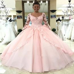 Designer Long Sleeves Ball Gown Quinceanera Dresses Train Lace Appliques Beads Tulle Princess Birthday Party Gowns Sweet 16 Dress 245p