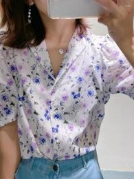 Women's Blouses 2023 Spring And Summer Women Shirt Cuff Tie Short-sleeved Half-open Collar Printed Top