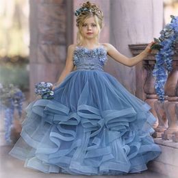 2121 Cute Flower Girl Dresses For Wedding Spaghetti Lace Floral Appliques Tiered Skirts Girls Pageant Dress A Line Kids Birthday G283b