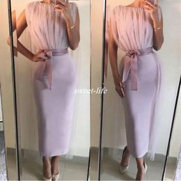 Modern Ankle Length Cocktail Dresses Sheath Bateau Neck Sleeveless Sash Satin 2020 Cheap Short Club Party Dress Evening Gowns with2921