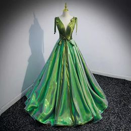 Stunning Evening Dress Sparkling Green Shining Prom Gowns Sheer V-Neck Sleeves Lace-up Back Sweep Train