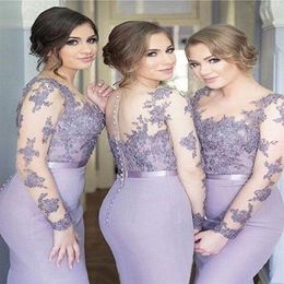 New Lilac Bridesmaid Dresses Mermaid Sheer Neck Long Sleeves Sweep Train Bridesmaids Gowns With Lace Applique Illusion Back Formal227y