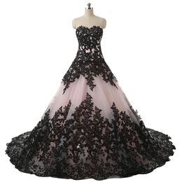 Blushing Pink Black Gothic Ball Gown Wedding Dresses Sweetheart Lace Appliques Vintage Bridal Gowns Non White Wedding Colorful2340