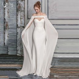 White Chiffon Long Bridal Wraps Off Shoulder Lace Wedding Shawls Boleros Brides Jackets Cloaks For Wedding Dresses Bridal Gowns2714