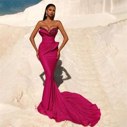 Vintage Hot Pink Mermaid Evening Prom Dresses Sweetheart Crystal Sequin Long Special Occasion Dress Backless Bodycon Vestido De Novia