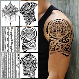 Large Tribal Totem Temporary Tattoos For Men Women Adult Henna Lotus Tattoo Sticker Fake Black Lace Flower Body Art Tatoos Arm