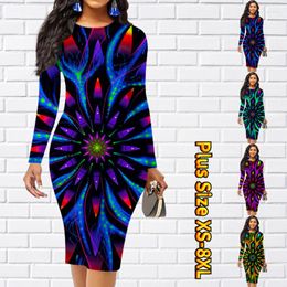 Casual Dresses Spring Women Round Neck Tight Skirt Autumn Dress Knee Length Slim Everyday Street Abstract Print Long Sleeve