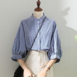 Women's Polos 2023 Spring/Summer Lantern Sleeves Wooden Ear Lace Standing Collar Blue Plaid Shirt Feminine Style Half Sleeve Top