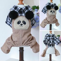 Dog Apparel Pet Jumpsuit Plaid Romper Lapel Collar Soft Comfortable Cartoon Panda Pattern Costume