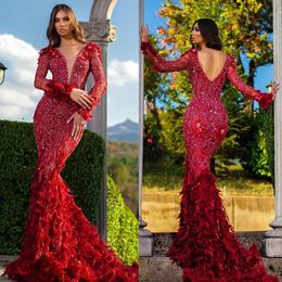 Luxury Red Mermaid Evening Dresses V Neck Beaded Feather Long Sleeves Prom Dress Ruffle Open Back Sweep Train Formal Party Gown244L