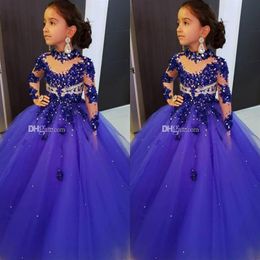 High Neck Flower Girl Dresses For Weddings Long Sleeve Royal Blue Beads Girls Pageant Dress Floor Length Kids Birthday Communion D300U