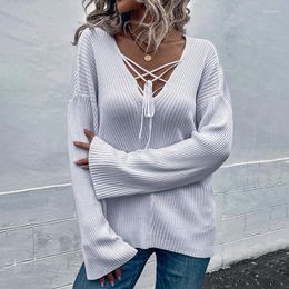 Women's Sweaters Autumn Sexy V-Neck Lace Up Flare Sleeve Solid Color Elegant Casual Stylish Female Knitting Pullovers C5077