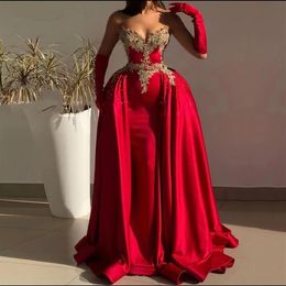 Aso Ebi 2022 Red Prom Dresses with Detachable Skirt Appliques Satin Mermaid Party Dress Gorgerous Arabic Evening Gown abendkleider2615