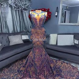 Sparkly Long Prom Dresses 2022 Sexy Mermaid lavender Sequin African Women Black Girls Gala Celebrity evening Party Night Gowns DD251J