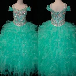 Crystals Mint Green Flower Girls Dresses Long Little Girl's Pageant Toddler Kids For Girl Infant Cheap Glitz Communion Prom B335l