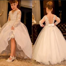 2020 Lovely Long Sleeves Arabic Flower Girl Dresses Sheer Neck Lace Pearls Backless Child Wedding Dresses Vintage Little Girl Page182M
