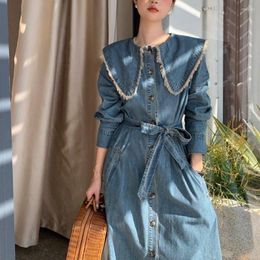 Casual Dresses French Vintage Doll Neck Denim Dress For Women Spring Autumn 2023 Single Breasted Style Long With Belt