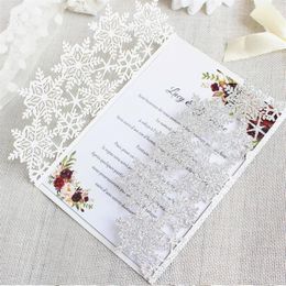 50pcs Christmas Snowflake invitations snow Flower Laser Cut Wedding Invitation Card custom white Lace Invites277W