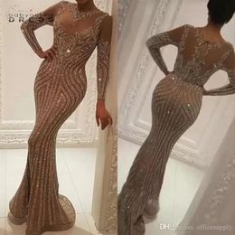 Vintage Long Sleeve Evening Dress Wear Luxury Crystals Gold Evening Gowns Women Celebrity Prom Dress316I