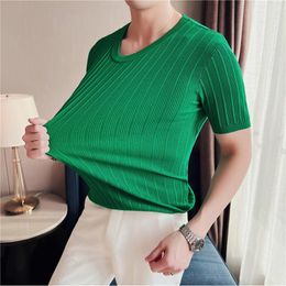 Men's T Shirts 2023 Summer Striped Knitted T-Shirt Men Korean Fashion Short Sleeve Slim Fit Round Neck Casual Business Pullover