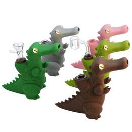 Crocodile Style Colourful Smoking Silicone Bong Pipes Kit Portable Travel Bubbler Herb Tobacco Handle Philtre Spoon Quartz Bowl Oil Rigs Waterpipe Dabber Holder