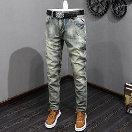 Men's Jeans Italian Style Fashion Men Retro Elastic Slim Fit Ripped Hole Trousers Vintage Designer Casual Denim Pants Hombre