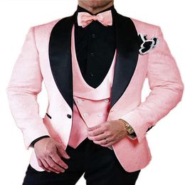 Classic Style One Button Pink Paisley Groom Tuxedos Shawl Lapel Wedding Prom Dinner Groomsmen Men Suits Blazer Jacket Pants Vest 2817